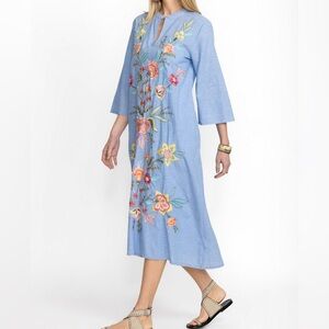 Johnny Was Blue Long Sleeve Resort Dress CAMELLIA MANDARIN COLLAR DRESS